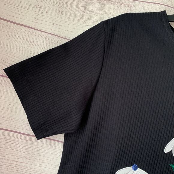 Links Vintage Black Ribbed Embroidered Daisy Flower Shirt Short Sleeve Size S - Picture 4 of 16